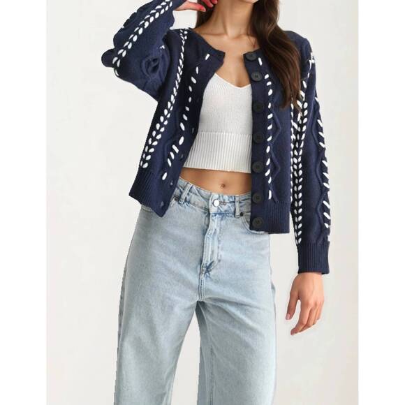 NEW KNIT & LOUNGE button front cardigan with white stitch detailing in blue - Picture 4 of 6